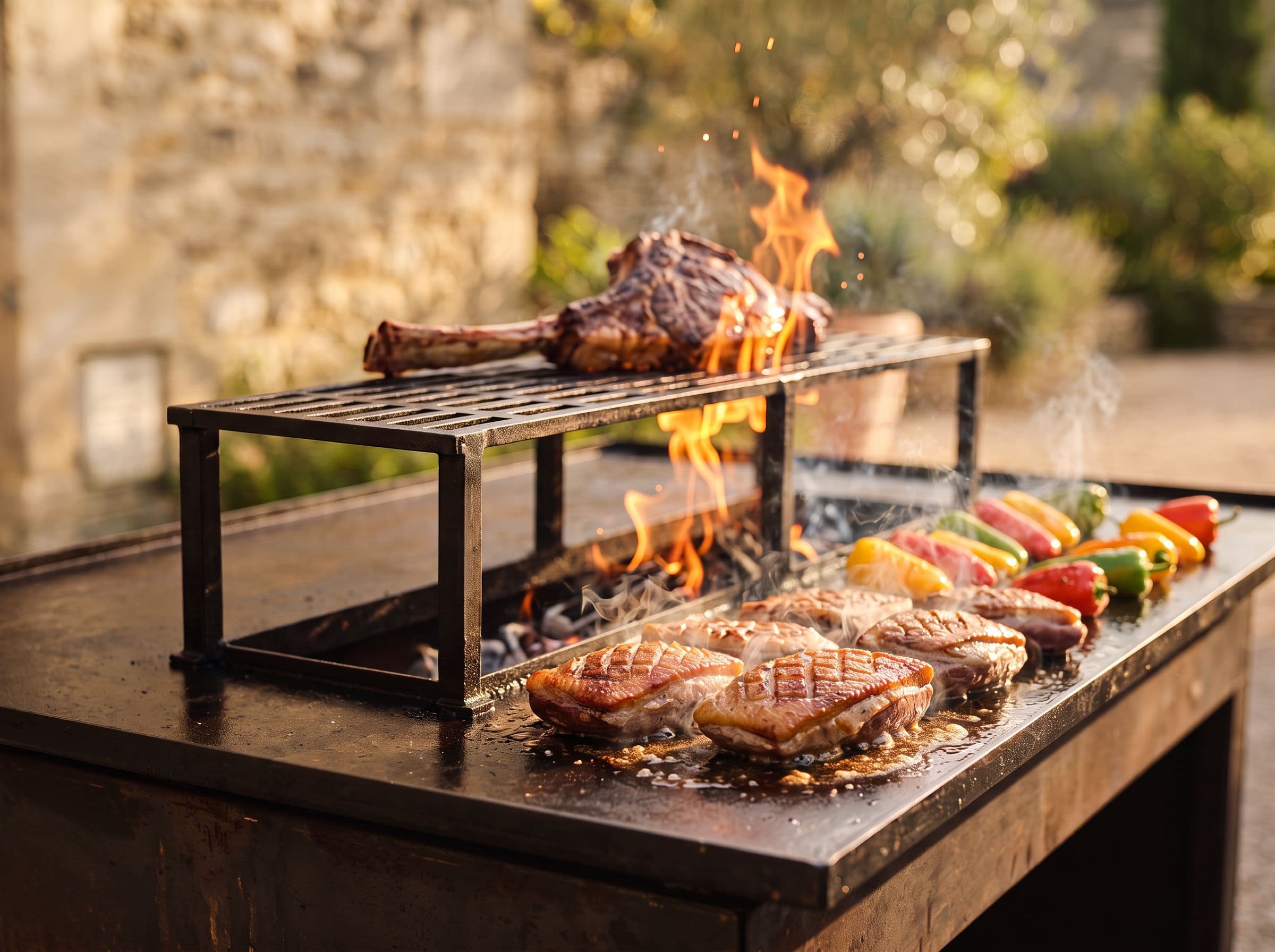 Tomahawk sur le gril, flammes, poivrons et viandes sur la plancha